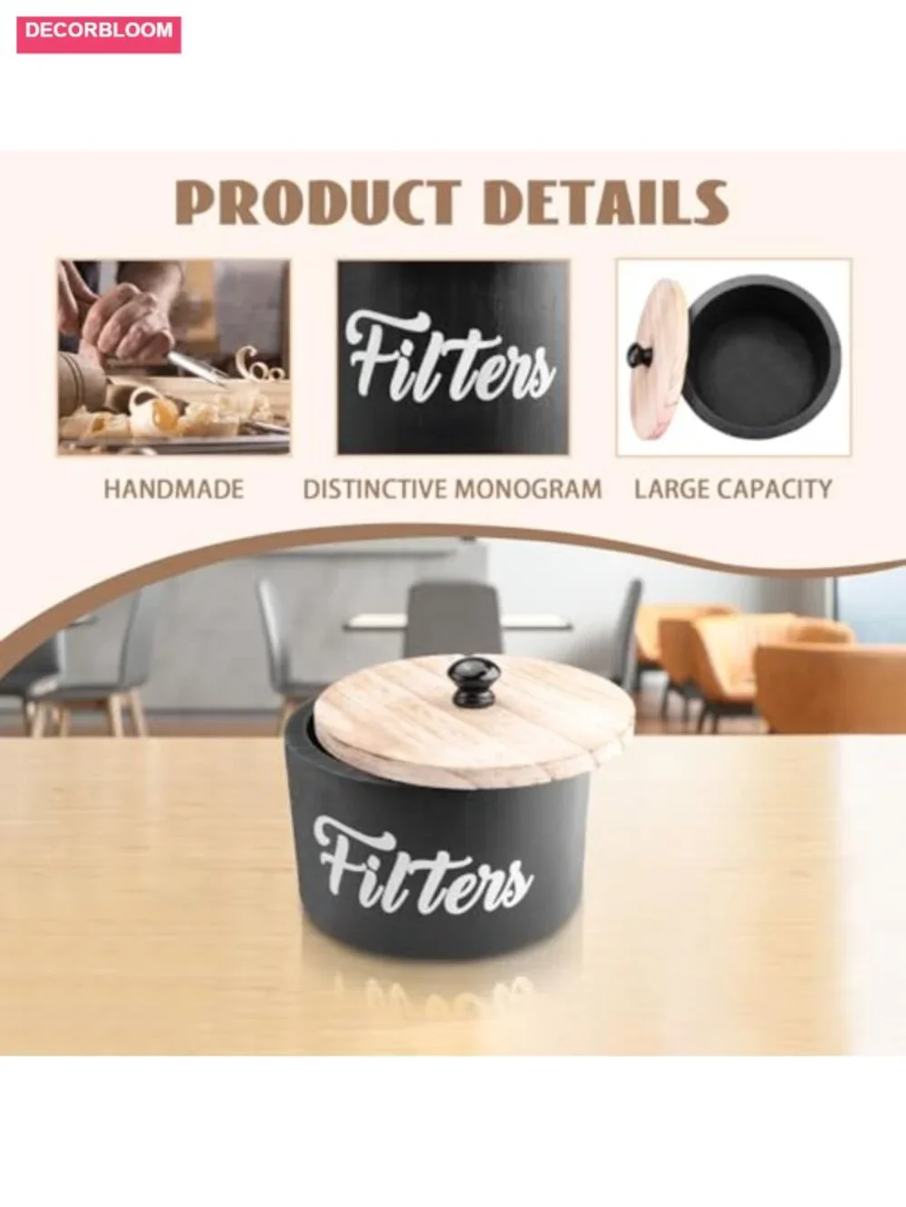 Wooden Coffee Filter Holder with Lid – Farmhouse Style Storage for Filters,